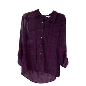 Halogen Women's Sheer Long Plaid Blouse MED Purple Roll Tab Sleeve Hi Low Cov…